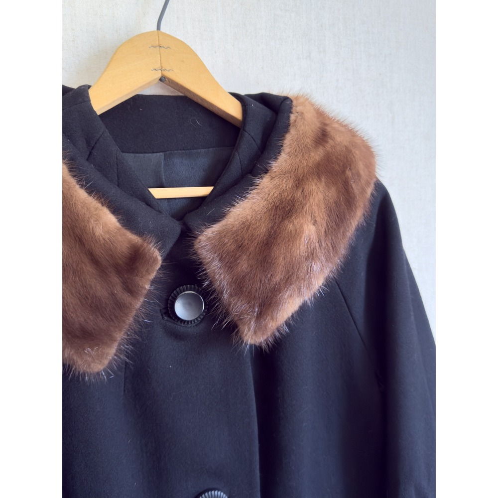 50s 60s vtg black wool mink‎ fur collar coat - Picture 2 of 3